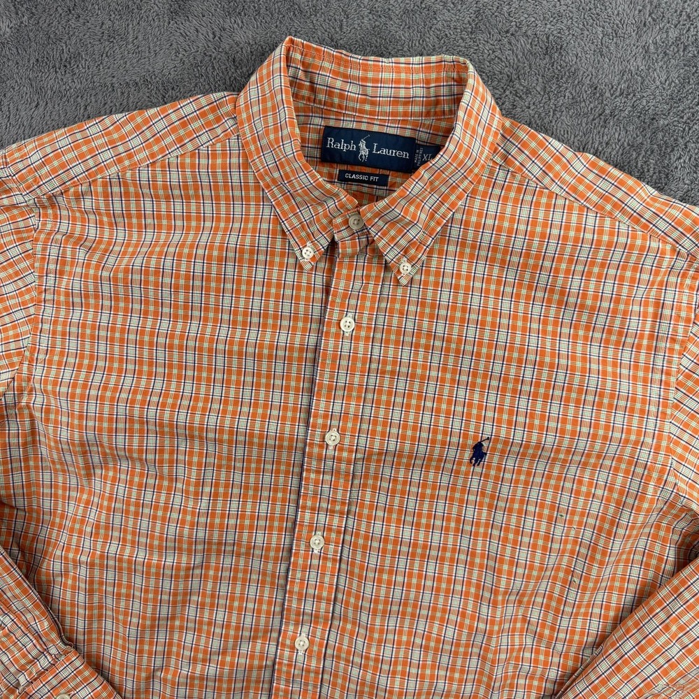 Ralph Lauren Button Down Shirt Mens XL Orange Plaid Classic Fit Long Sleeve